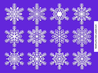 Snowflake icons set. Snowflake symbols. Snow icon.Set of snowflakes. Laser cut pattern for christmas paper cards, design elements, scrapbooking. Vector illustration.