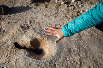 woman warming hand over a little geyser, El Tatio, Atacama, Antofagasta, Chile