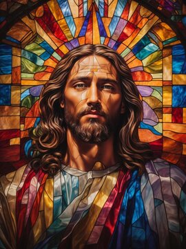 Jesus Christ Savior, stained glass. Portrait, Christianity. For Easter, Christmas and Christian holidays. For covers, books, posters, t-shirts, clothing.