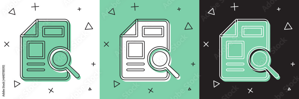 Poster set document with graph chart icon isolated on white and green, black background. report text file i