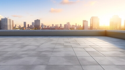 The dawn paints the sky behind a modern city building, while the foreground boasts an empty 3D-style cement floor with steel pavement.