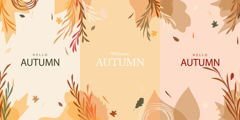Fototapeta na wymiar autumn fall vertical vector design illustration pastel color background with autumn leaves theme design for banner, poster, social media, promotion