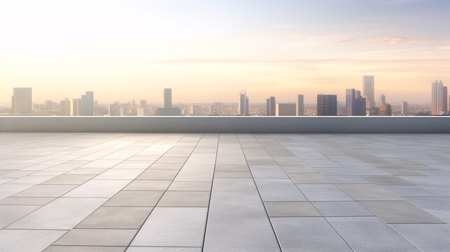 The dawn paints the sky behind a modern city building, while the foreground boasts an empty 3D-style cement floor with steel pavement.