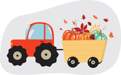 Autumn harvest. Tractor with a trailer with pumpkins. High quality vector illustration.