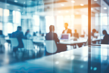 Abstract Blurred Interior Of A Modern Office At Sunset. Business People Sitting At Their Desks. Ai Generated
