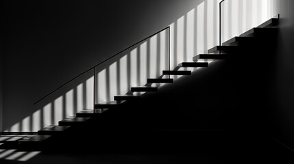  a black and white photo of a staircase with a light coming through it.  generative ai
