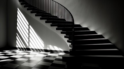  a black and white photo of a staircase with a checkered floor.  generative ai