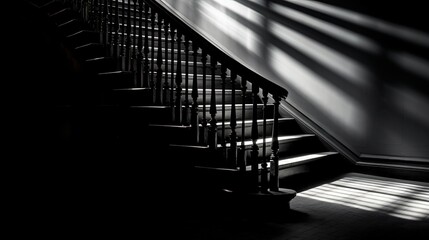  a stair case with a railing and a light coming through it.  generative ai