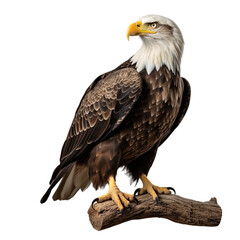 Bald Eagle standing on thick branch 3d render character, Hyper Realistic isolated on transparent background.