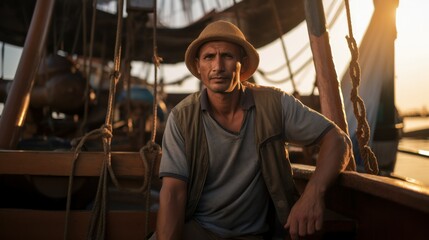 Portrait of a Fictional Fisherman Working on a Boat. Generative AI Illustration.