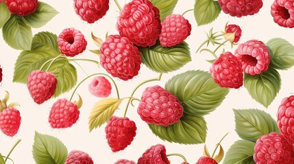  raspberries and leaves on a white background with green leaves.  generative ai