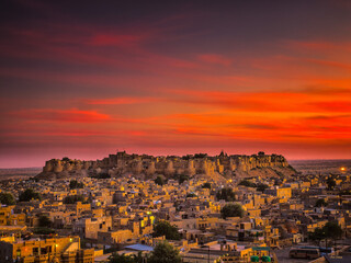 Historic fort in Jaisalmer, India at sunset.