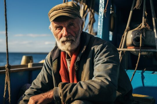 Portrait of a Fictional Fisherman Working on a Boat. Generative AI Illustration.