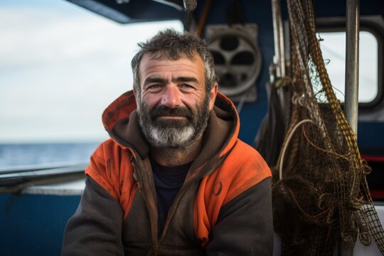 Portrait of a Fictional Fisherman Working on a Boat. Generative AI Illustration. - Powered by Adobe