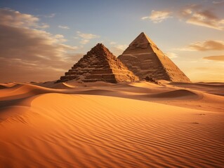 Ancient Pyramids between golden dunes in a hot desert - obrazy, fototapety, plakaty