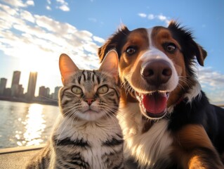 A cute dog and cat both smiles while taking a selfie together in front of New York City silhouette - 640789765