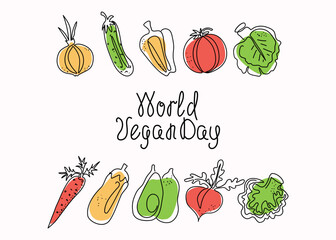 World Vegan Day. Set of line art vegetables and hand drawn Calligraphy lettering. Vector illustration. Isolated background.