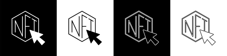 Set NFT Digital crypto art icon isolated on black and white background. Non fungible token. Vector - obrazy, fototapety, plakaty
