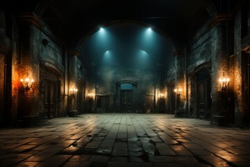 an empty foggy room in an abandoned building. Horror and halloween concept