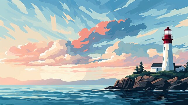  a painting of a lighthouse on a rocky shore with a sunset in the background.  generative ai