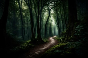 Obraz premium A winding forest path disappearing into the shadows beneath towering trees. 