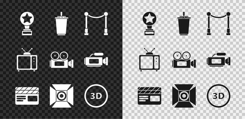 Set Movie trophy, Paper glass with water, Carpet barriers, clapper, spotlight, 3D word, Retro tv and Cinema camera icon. Vector