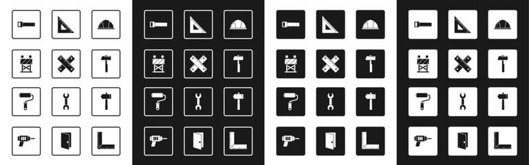 Set Worker safety helmet, Crossed ruler, Road barrier, Hand saw, Hammer, Triangular, and Paint roller brush icon. Vector