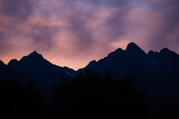 Pink evening sky over the Tatra mountains in Slovakia