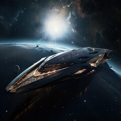  a space ship floating in the middle of the ocean with a planet in the background.  generative ai