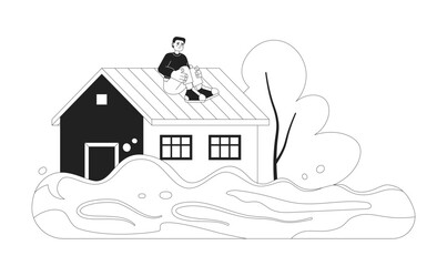Scared man on house roof monochrome concept vector spot illustration. Flooded house. Rescue from water. Man waiting 2D flat bw cartoon character for web design. Isolated editable hand drawn hero image