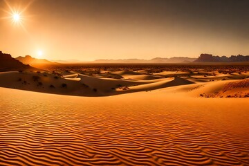 A panoramic view of a vast desert landscape, drenched in the warm hues of sunset.
