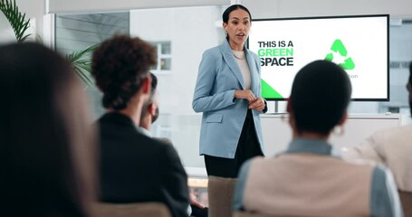 Business people, sustainability or woman with presentation, applause and seminar with partnership, agriculture or coaching. Presenter, speaker and crowd in a workshop, eco friendly or carbon capture