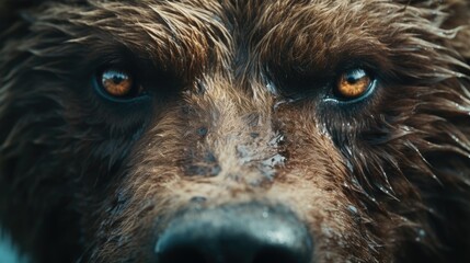 Close- up front view of grizzly brown bear looking at camera. Powerful and dangerous animal in wildness.