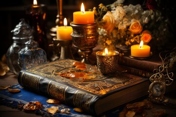 In a mystical still life, an ancient book is surrounded by lit candles, creating an atmosphere of magic ritual and occult knowledge. The dark ambience adds an esoteric and vintage touch