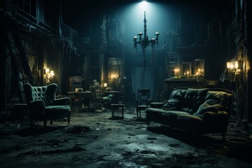 Eerie and opulent old mansion's living room, dimly lit with a focus on the grand staircase - obrazy, fototapety, plakaty