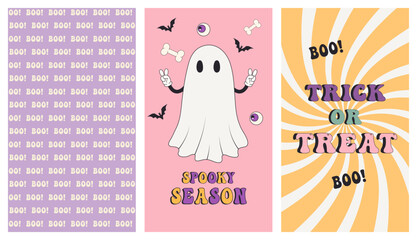 Vector set of vertical halloween posters. Retro halloween backgrounds in trendy groovy 70s style.Spooky season.Vector
