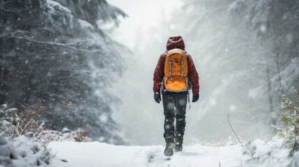 Male hiker, full body, view from behind, walking through a snow storm