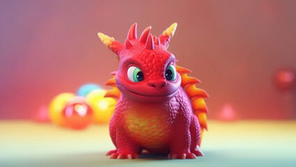 3d cute red dragon character on blurred red background