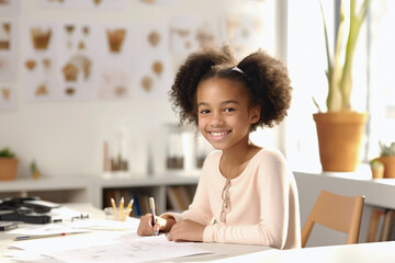 A 10-year-old afro-american girl sits at a desk in a white sunny classroom in a European 
learning center, on the white wall of which children's drawings hang