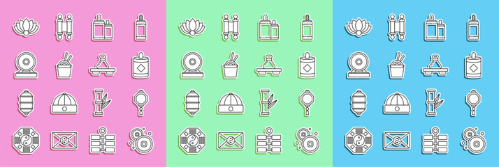Set line Chinese Yuan currency, paper lantern, Firework, Asian noodles box and chopsticks, Gong, Lotus flower and Dumpling cutting board icon. Vector