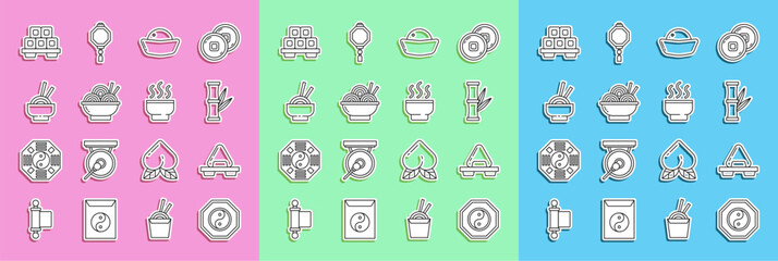 Set line Yin Yang, Sushi on cutting board, Bamboo, Asian noodles bowl, and Chinese tea ceremony icon. Vector