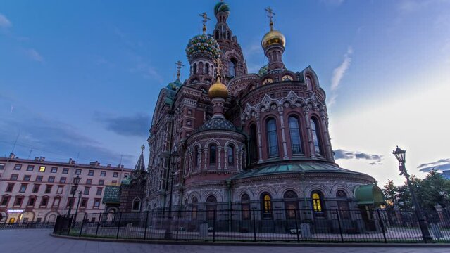 Night to day transition timelapse hyperlapse of Church of the Savior on Spilled Blood: A central St Petersburg architectural landmark and a unique monument to Alexander II the Liberator
