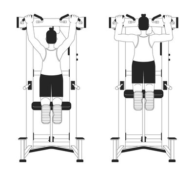 Muscle building with assisted pull up machine bw vector spot illustration. 2D cartoon flat line monochromatic character for web UI design. Bodyweight back exercise editable isolated outline hero image
