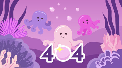 Octopuses underwater bubbles error 404 flash message. Chibi sea creatures. Website landing page ui design. Not found cartoon image, cute vibes. Vector flat illustration with kawaii anime background
