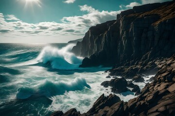A rocky coastal cliff battered by the crashing waves of a wild ocean.
 - Powered by Adobe