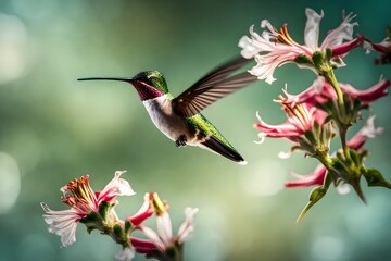 Fototapeta premium A hummingbird suspended in mid-air as it sips nectar from a delicate blossom. 