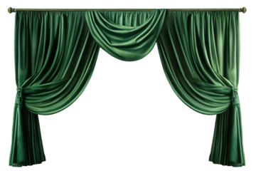 Green theater open curtains isolated on transparent background