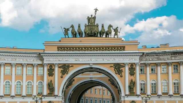 The General Staff building timelapse: A historic landmark on Palace Square in St. Petersburg, Russia. Its construction took place from 1819 to 1829