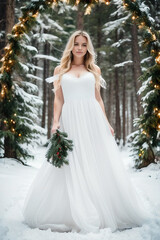 Fototapeta na wymiar Full body portrait of a model in a long white dress of an arch in garlands in a fairy forest