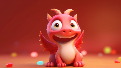 3d cute red dragon character on blurred red background